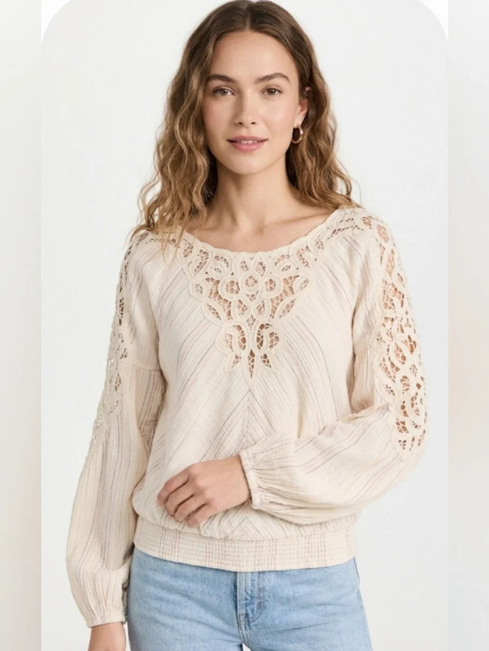 Free People Cream Lace Yoke Peasant Top,  Size M